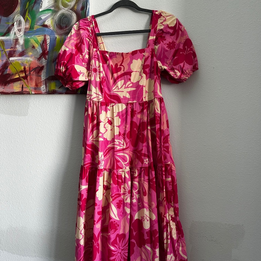 Pink Floral Puff Sleeve Midi Dress | Smocked Bodice | Size S